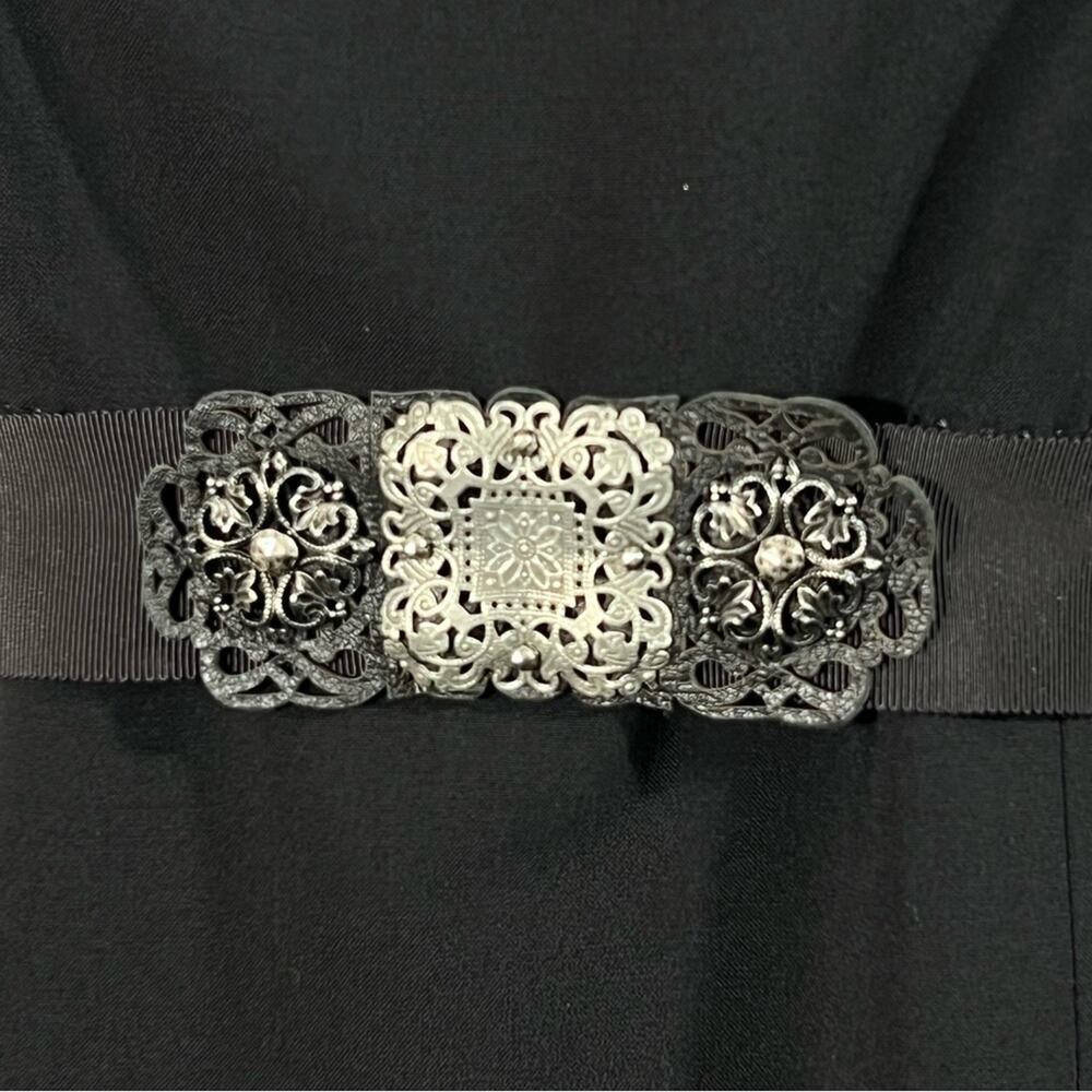 Elie Tahari Black Wool Blend A-Line Dress Size 0 Filigree Belt Sleeveless - Picture 7 of 14